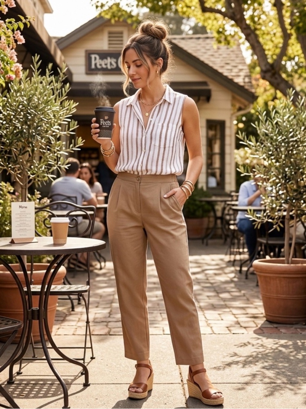 Linen Blend Women’s Tan High-Rise Tapered Pants